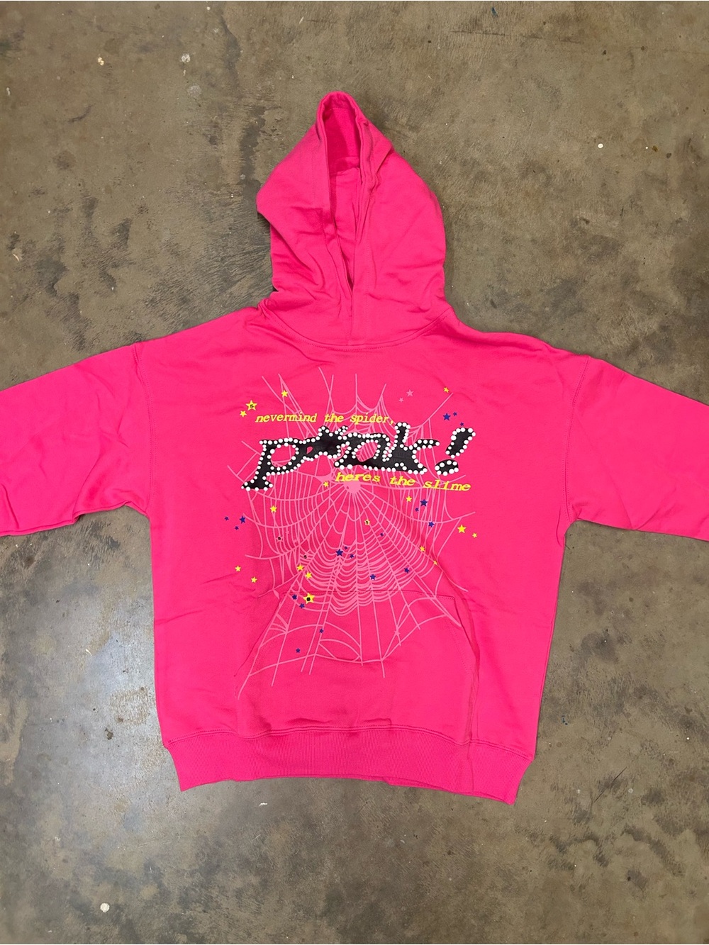 Bright Pink Graphic Hooded Sweatshirt with Spiderweb Design